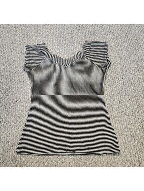 BDG Black and White Striped V-Neck Short Sleeve Top Medium